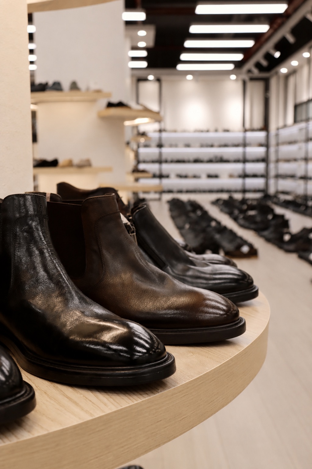 Chelsea boots displayed in the LIDO showroom