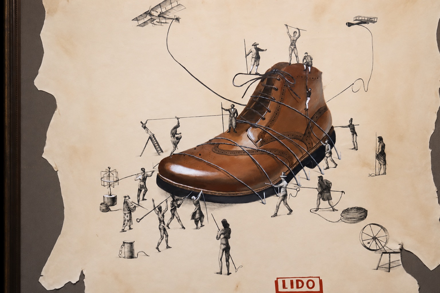 Vintage LIDO illustration of a boot laced by many hands