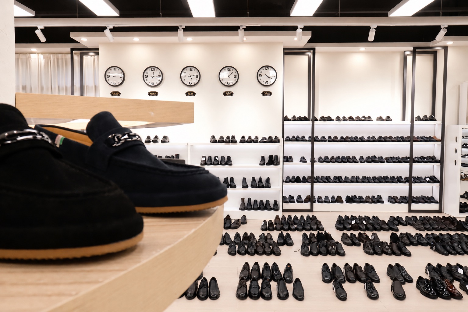 Suede loafers displayed beneath a wall of world clocks