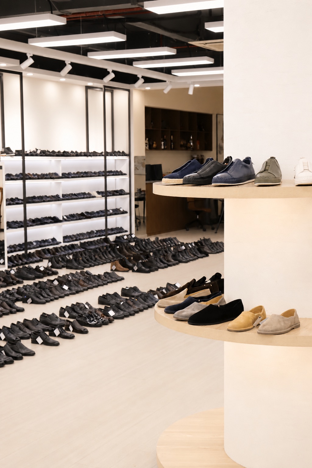 Casual footwear displayed on a showroom column
