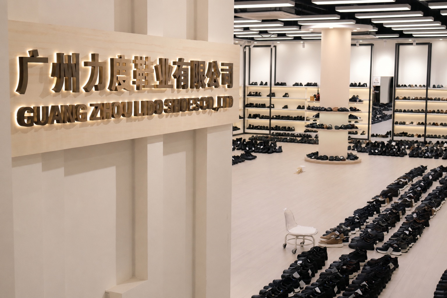 Guangzhou LIDO Shoes Co., Ltd signage overlooking the wholesale showroom