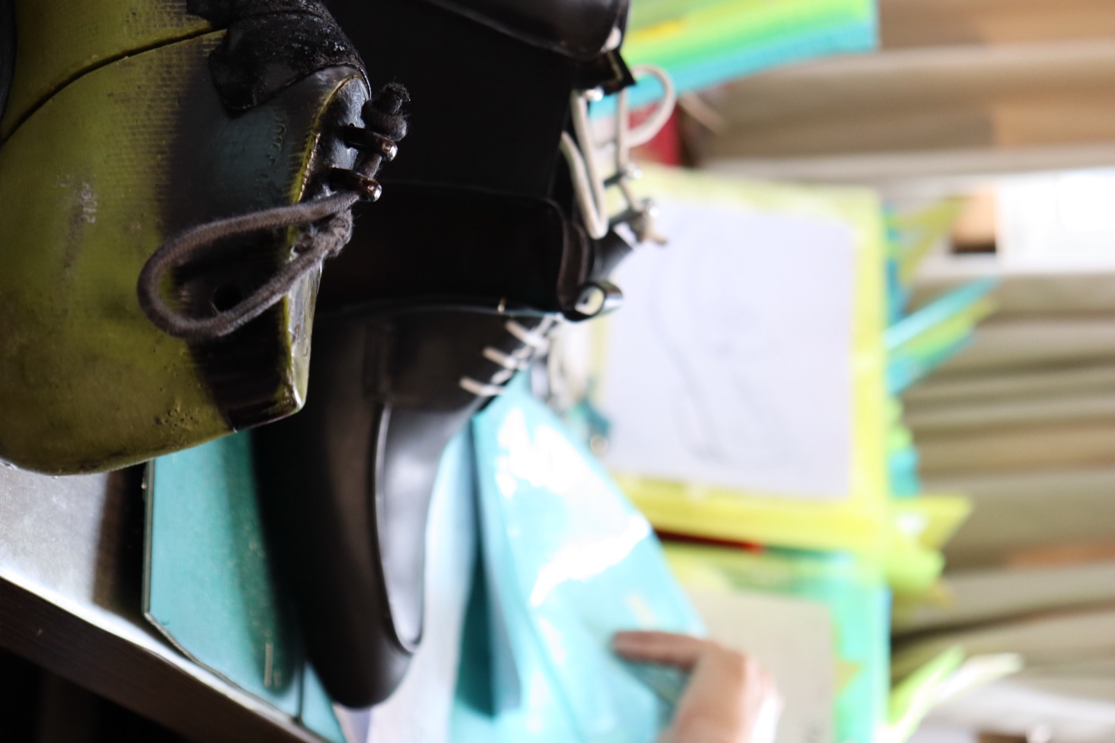 Sample room bench with shoe prototypes